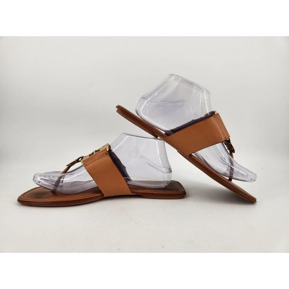 Tory Burch Georgia Sandals Womens 9.5 Tan Brown Gold Logo‎ Thong Flat 84937